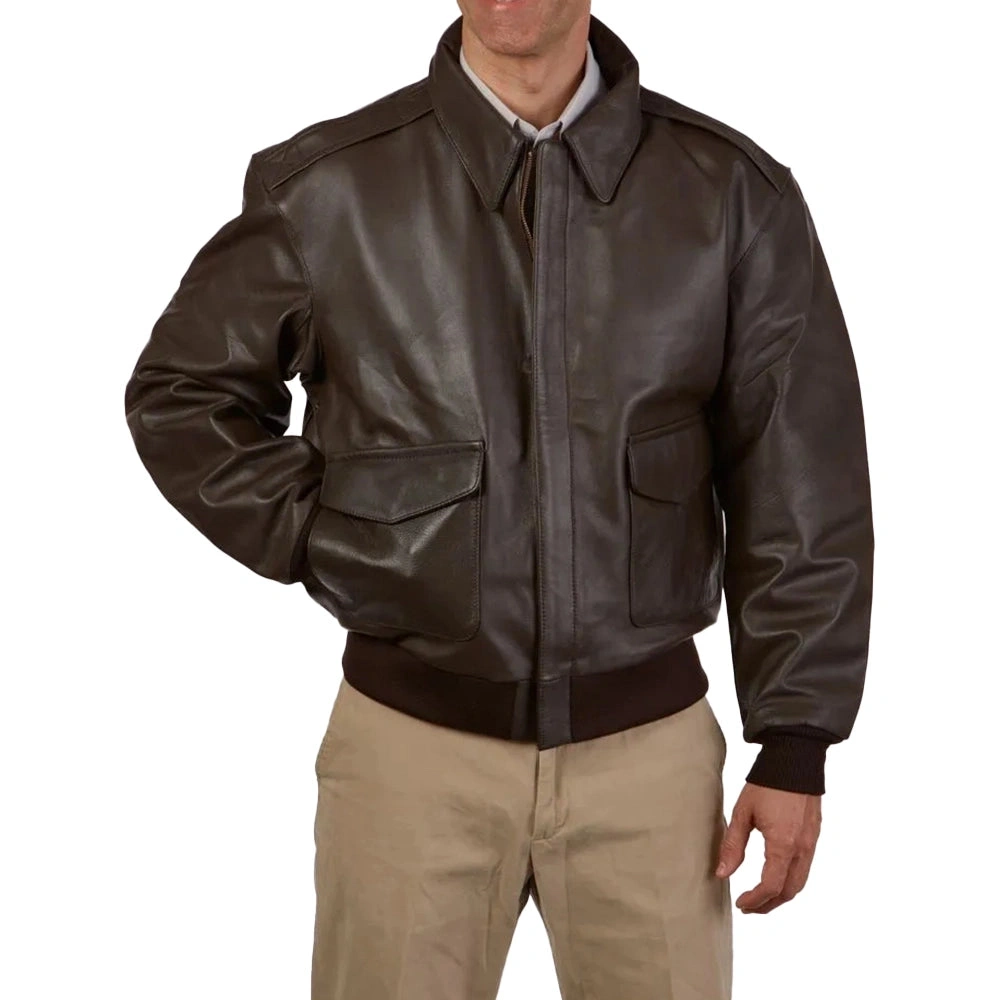 Seaca Distilled Eitleoir Leathar Bomber Donn A2 Buaicphointe Aviator Jacket fíor-aimsir